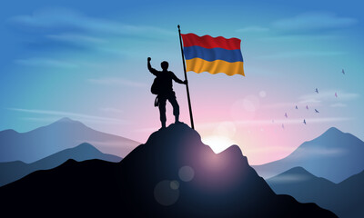 Armenia flag, silhouette of a man holding a flag as a sign of success in reaching the top of the mountain with the morning sun in the background. Vector Illustrator