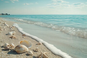 A beach with scattered seashells and starfish on the sand, calm turquoise water
