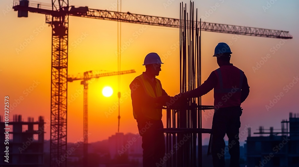 Canvas Prints two foreman construction look crane with sunset view 