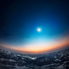 Fish eye landscape, moon overlooking winter landscape