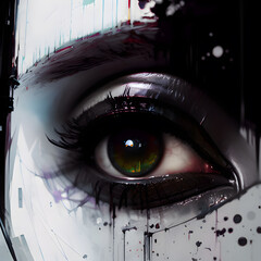 Painting of human eye with heavy makeup