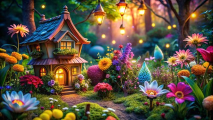 Fototapeta premium Step into a mystical fairy garden adorned with colorful blooms, whimsical trinkets, and a shimmering atmosphere, where