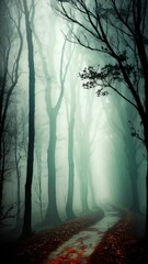 Misty, spooky, peaceful, silent, quiet forest in the fog 