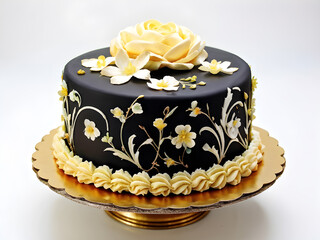 Beautifully decorated black and gold cake covered in yellow flowers and isolated on a white background