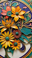 Background of a 3D enamel painted wood cut of yellow and pink flowers with green leaves, design