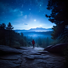 Person standing on a cliff overlooking a beautiful natural moonlit scene including trees and mountains under a starlit sky