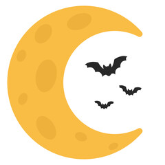 Flat icon of ark Halloween moon with bats isolated on white background.