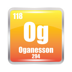 Oganesson icon. Og chemical element. Atomic number 118. Mass 294. Yellow square symbol.
