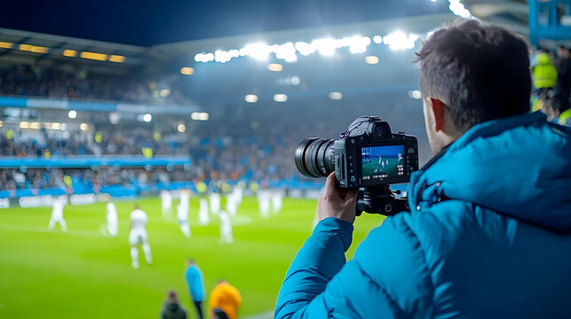 A photographer captures a soccer match in a vibrant stadium.