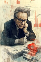 Pensive elderly man in suit reviews financial documents with graphs in background.