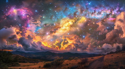 a very big pretty colorful galaxy in the sky close to some hills, 