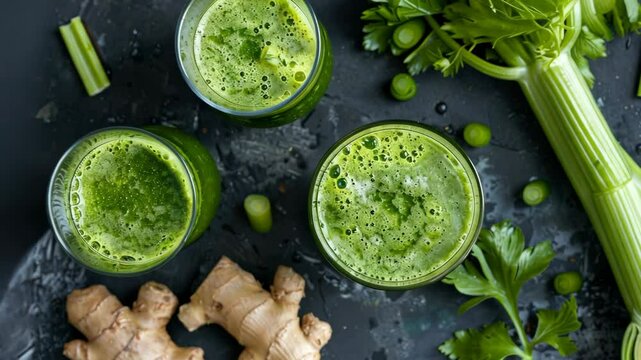 Three glasses of green juice with celery and ginger on a black surface