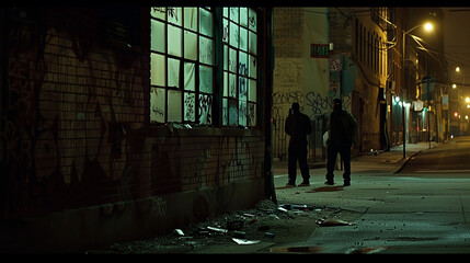 Dark alleyway at night with shadowy figures symbolizing gang violence, broken window and graffiti-covered wall under harsh streetlight glow