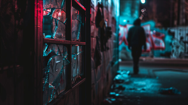 Dark alleyway at night with shadowy figures symbolizing gang violence, broken window and graffiti-covered wall under harsh streetlight glow