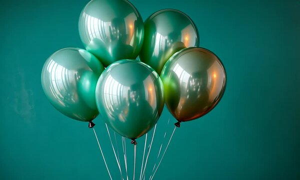 A cluster of green and gold balloons against a teal background.