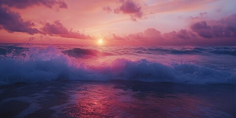Waves gently crashing onto a beach at sunset, vibrant colors in the sky