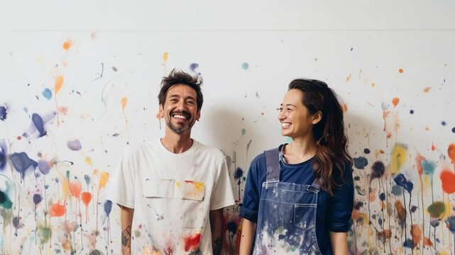 Two joyful artists stand beaming with pride, their bodies adorned with vibrant paint splashes, having just completed a lively art project in their colorful studio