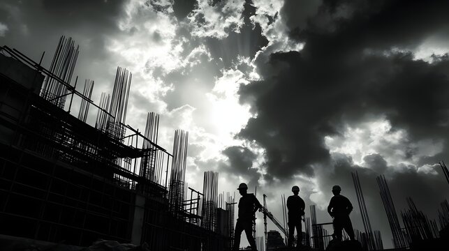 48. A dramatic sky over a construction site, with dark clouds rolling in and workers rushing