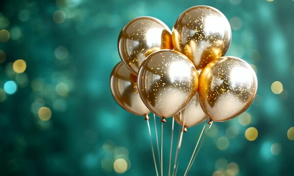 A cluster of shiny gold balloons against a blurred background.