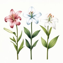 White  Pink and Blue Lilies with Green Leaves