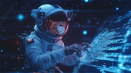 A futuristic spaceman reading programming code with it being reflected over his space helmet. Future concept. 3D illustration. 
