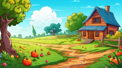 Fototapeta premium A quaint wooden house with a blue roof nestled in a grassy field with scattered red apples.