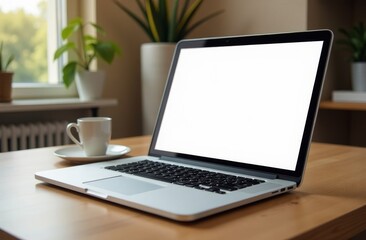 A minimalistic workspace featuring a laptop and coffee cup with plants in the background during a sunny afternoon