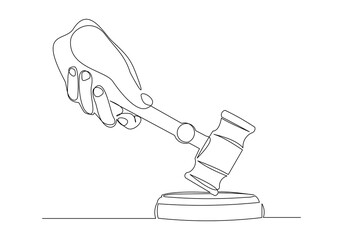 Continuous single line sketch drawing of hand holding and knock hit gavel judge law wooden hammer court justice lawyer one line vector illustration