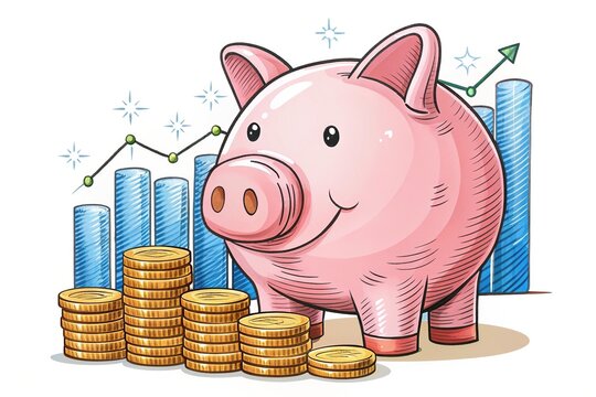 recommend clip art: Colorful doodle illustration of a piggy bank surrounded by coins and growth charts, symbolizing savings and financial growth for a successful loan application.
