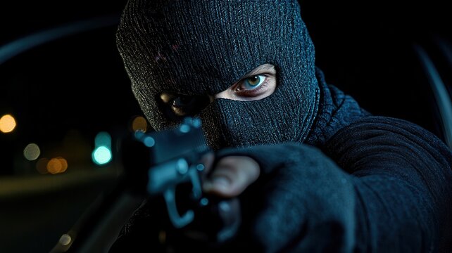 Masked man in black pointing a gun at a driver, robbery in progress, dark streets, car theft concept, high drama, tense situation