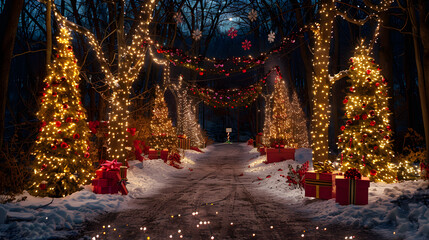 Illuminated christmas trees with red and golden garlands into a forest with snowy flakes with shape of stars close to xmas gifts in red boxes