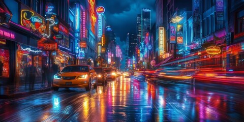 Fototapeta premium A bustling downtown street illuminated by neon lights, cars streaking by