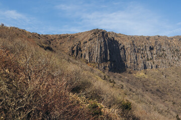 Hallasan National Park, Jeju island, South Korea, spring view of Yeongsil trail with wooden ladder path stairs, trekking and climbing, stairway to Halla mountain, hiking in Korea, Jeju-do, sunny day
