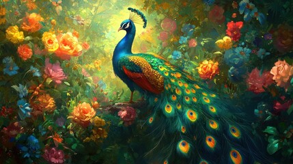 Fototapeta premium Peacock in a Garden of Blooms