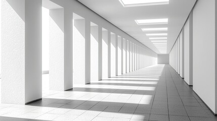 Fototapeta premium Modern architecture with sunlight streaming through a white hallway.