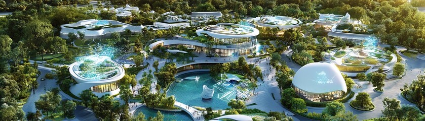 Aerial view of futuristic eco-resort nestled in lush greenery featuring modern buildings with unique designs and vibrant pools reflecting sunlight.
