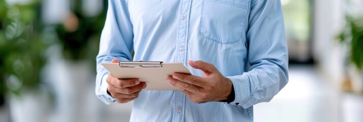 Business professional holding a clipboard in a modern office setting, demonstrating organization and productivity.