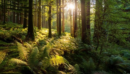 Obraz premium Golden Sunshine Filtering Through Dense Forest Trees, Illuminating the Fern-Covered Forest Floor, With Birds Chirping and Leaves Rustling in the Gentle Breeze