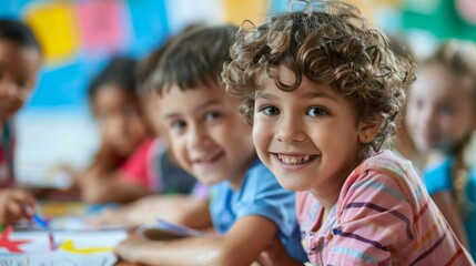 Obraz premium A young girl with curly hair smiles brightly at the camera while sitting in a classroom setting with her classmates.