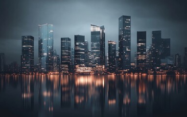 Fototapeta premium A modern urban skyline with reflective glass buildings, glowing in the dark
