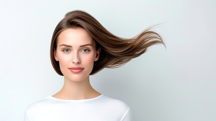 Portrait of a woman with flowing hair, smiling gently against a soft background.
