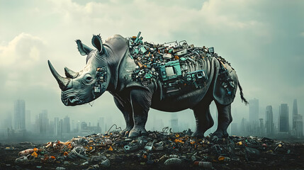 A rhinoceros made of trash symbolizes environmental degradation.