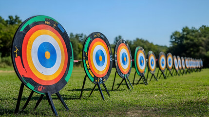 A row of archery targets set up on a grassy field.
