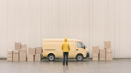 Delivery Driver with Yellow Van and Boxes Outside