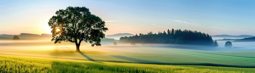 Fototapeta premium Scenic morning landscape featuring a solitary tree, misty fields, and a sunrise backdrop.