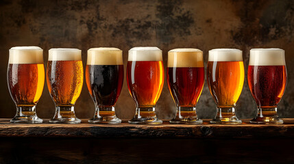 A row of various beers in glasses on a rustic wooden surface.