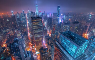 A rooftop view of a city at night, skyscrapers and busy streets far below, glowing lights