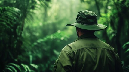 Obraz premium Ranger in Dense Forest Surrounded by Lush Greenery