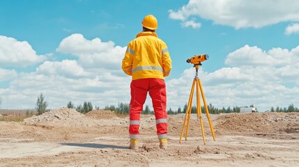 Surveyor in Bright Outfit at Construction Site