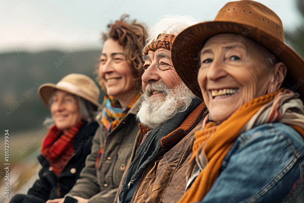 Wall mural Group of happy senior friends looking at the camera in the countryside.